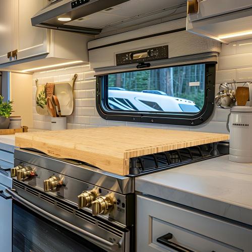 RVGUARD RV Stove Top Cover Board, Countertop Cutting Board with Adjustable Legs and Juice Grooves for Camper Trailer Gas or Electric Range,17x20