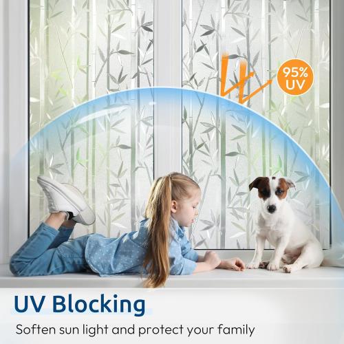 rabbitgoo Window Privacy Film Frosted Bamboo Pattern, Removable UV Blocking Stained Glass Decals Covering Decorative Window Cling for Home, 35.4 in X 6.5 Feet, Regular