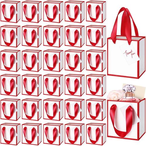 Yeaqee 50 Pcs Mini Metallic Paper Gift Bags with Handles 4x2.75x4.5'' Tiny Small Gift Bags with Thank You Tag for Wedding Graduation Birthday Party Return Gifts Jewelry Business (White,Deep Red)