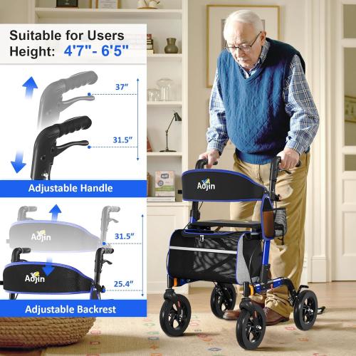 Walkers for Seniors, Rollator Walker with Seat, 350 lb Weight Capacity, 18 Big Seat, 8 All-Terrain Wheels, 6-Level Adjustable Height, Lightweight Aluminum Frame Rollator Walkers for Seniors (Blue)
