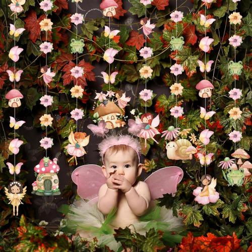 8 Pcs Fairy Party Decorations Fairy First Birthday Hanging Garlands Banner Butterfly Mushroom Flower Paper Cutouts Streamer for Wall Ceiling Decor Wonderland Garden Tale Floral Party Supplies