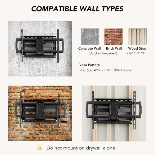 Full Motion TV Wall Mount Bracket for Most 32-85 inch TVs,TV Mount with Dual Articulating Arms,Tilt/Swivel/Extension/Leveling,Fits 8” 12” 16 Studs,Max VESA 600x400mm, Holds up to 132lbs