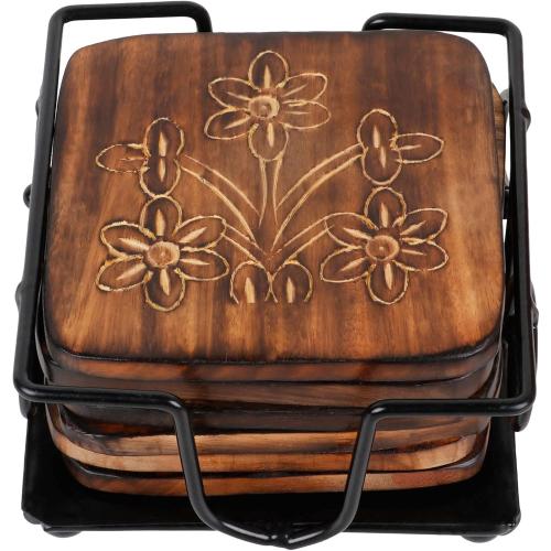 Wooden Coaster Set of 6 with Carved Flower Design on Coaster with Wrought Iron Holder for Coffee Table/Kitchen/Dining Table