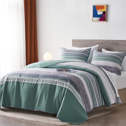 KAKIJUMN Full/Queen Quilt Bedding Set, White Grey and Green Patchwork Striped Quilt Set, 1 Pieces Soft Lightweight Bedspread Coverlet Set with 2 Pillow Sham(Green,Queen)