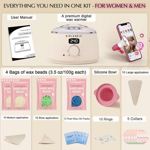 GIRLEARLE Premium Digital Waxing Kit for Women and Men, Wax Warmer Hair Removal at Home with Wax Beads & Silicone Pot, Target Different Types of Sensitive Skin Brazilian Bikini, Facial, Leg, Full body
