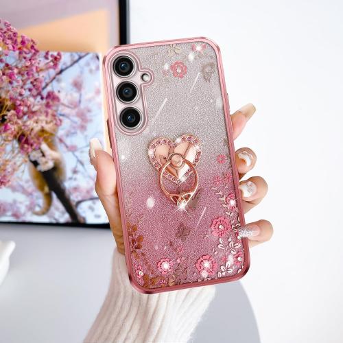 for Galaxy S23-FE Case, Samsung S23 FE Phone Case TPU Crystal Butterfly Heart Floral for Women Magnetic Shockproof with Kickstand [Glitter Card & Strap] Protection Cover for S23 FE 5G (Glitter Rose)