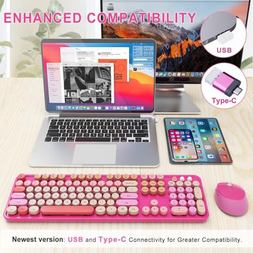 SkyGive Wireless Keyboard and Mouse Combo, Ergonomic Full Size Typewriter Retro Round Keycaps Keyboard, Compatible with Windows, PC, Perfer for Home and Office Keyboards （Red）