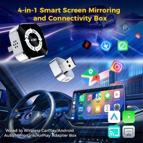 4-in-1 Screen Mirroring Wireless CarPlay Adapter,2026 Upgraded for Wireless Apple CarPlay/Android auto/AirPlay/MirrorLink Adapter,Mini USB Design with Type-C Extension,Fast Auto-Connect,Plug & Play