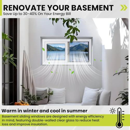Vinyl Basement Window, 24 x 12 Slider Window with Double Pane Insulated Tempered Glass and Fiberglass Mesh Screen for Basement Bathroom Home Rv Garage (White)
