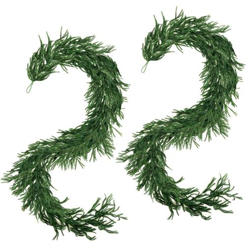 Christmas Norfolk Pine Garland, 2PCS 6Ft Real Touch Artificial Pine Greenery Christmas Garlands for Table Fireplace Wall Home Indoor Outdoor Decoration