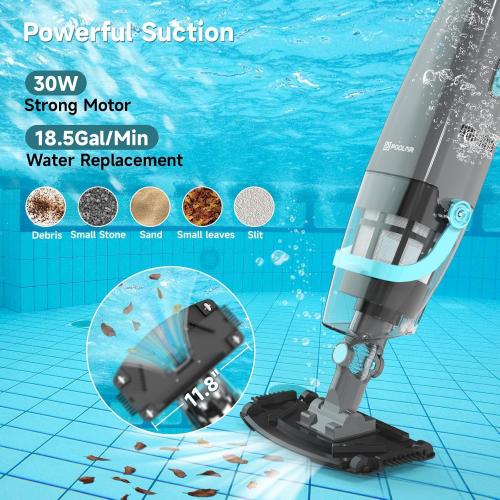 Cordless Handheld Pool Vacuum, Rechargeable Pool Cleaner with 18.5 Gal/Min Suction, 60 Min Runtime, Dual-Phase Cleaning System, Ideal for Above Ground Pools, Spas, Hot Tubs, Black