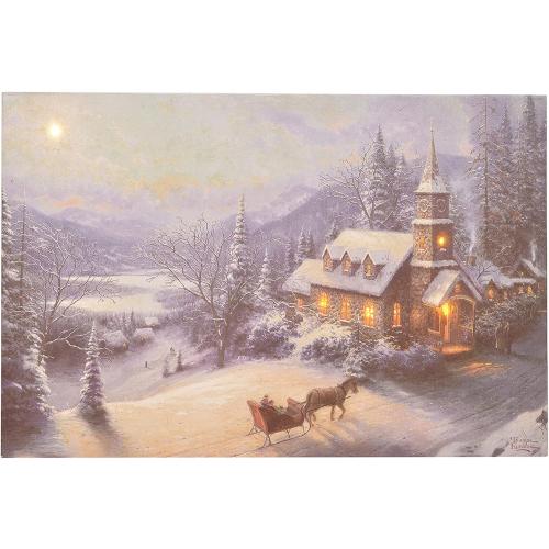 Thomas Kinkade Sunday Evening Sleigh Ride White 24 x 16 Canvas Holiday LED Sign