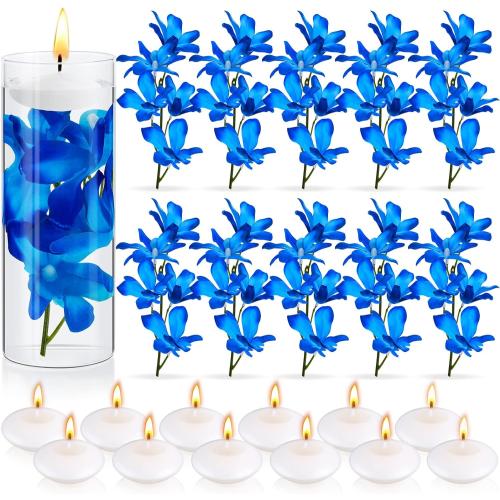 Juexica 28 Pieces Floating Flowers for Centerpieces Blue Orchid Flowers Vase Fillers Unscented Floating Candles for Wedding Table Party Home Decoration