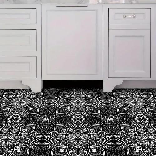10PCS 12x12 Inch Peel and Stick Floor Tiles Self Adhesive Vinyl Flooring Tile Black White Mandala Pattern Removable Decals Bathroom Kitchen Living Room DIY Home Decoration