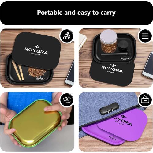 roygra Rolling Tray with Magnetic Lid Set, Small Metal Tray with Lid, Cigarette Pre Roll Smoking Accessories, Portable Smell Proof Rolling Trays for Smokers, Home Table Decor, 7 x 5.5 inch - Purple