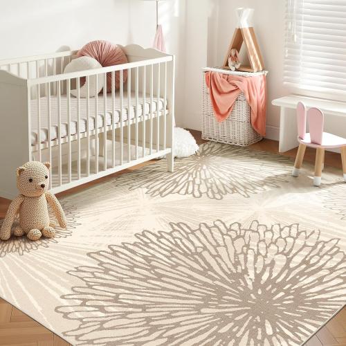 WITSHOCK 8x10 Area Rugs for Living Room: Beige Floral Washable Rugs for Bedroom Dining Room Office Nursery Modern Non-Slip Stain Resistant Low Pile Home Decor（Beige/Brown,8'x10'）