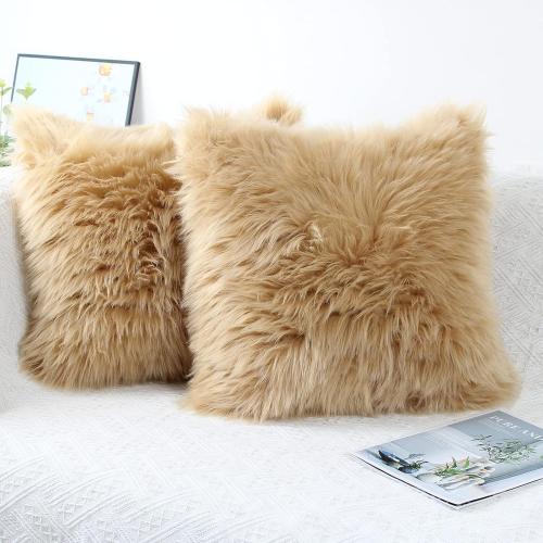 OYIMUA Fluffy Decorative Throw Pillow Covers Beige 20×20, Faux Fur Farmhouse Luxury Pillow Cases,Soft Plush Fuzzy Cushion Covers for Sofa Couch Living Room Bedroom Set of 2