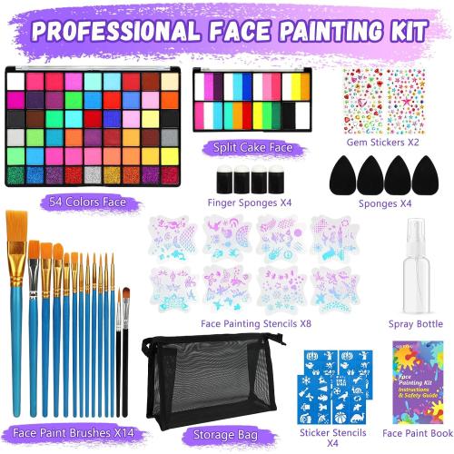 Face Painting Kit for Kids,54&18 Colors Professional Face Paint Makeup Kit | Water Activated Face Paint Palette, Body Paint for Adults,Non Toxic Makeup for Halloween,Christmas,Cosplay,Parties, Birthdays