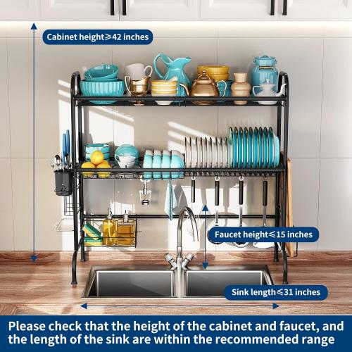32.3 - 33.9(L) x 11.4(W) x 32.3(H) Black MOUKABAL Dish Drying Rack - Stainless Steel Over The Sink Dish Drying Rack (Expandable Length), 2 Tier Large Dish Rack with Utensil Holder, 32.3 - 33.9(L) x 11.4(W) x 32.3(H) Black