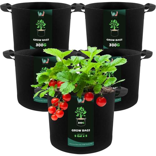 5-Pack 5 Gallons Grow Bags - Heavy Duty 300G Thickened Aeration Nonwoven Fabric Pots with Handles - Ideal Cloth Pots for Plants - Planters Accessories, Garden Vegetables Supplies