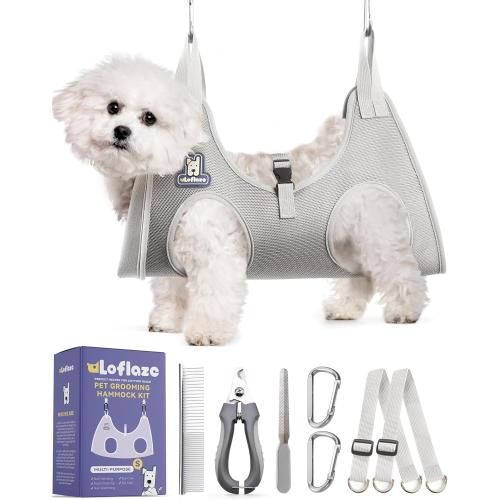 Size M Dog Grooming Hammock Harness for Dogs & Cats with Pet Nail Clipper Trimmer - Cat Hanger Sling for Trimming Clipping Nails- Dog Hammock Restraint Bag for Small Medium Large pet （ Grey )