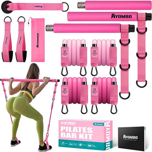 Pilates Bar Kit with Resistance Bands, Pilates Workout Equipment for Legs, Hip, Waist, Arm, Squats Exercise Equipment for Home Workouts, Adjustable 3-Section Pilates Bar Kit for Women & Men