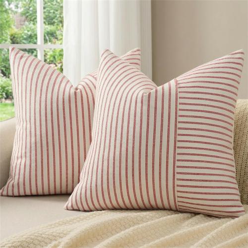 Set of 2 18x18 YCOLL Christmas Pillow Covers 18x18, Boho Throw Pillow Covers Set of 2, Red and Cream Striped Linen Decorative Pillows Cushion Covers for Couch Bedroom Christmas Decorations