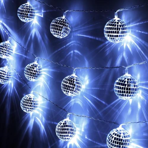 White Silver Cunno 40 LED Disco Ball String Lights 70s Decorations 9.8 ft Mirror Disco Light Battery Operated Ball Globe Ornaments for Christmas Wall Tree Indoor Outdoor Party Supply(White Silver)