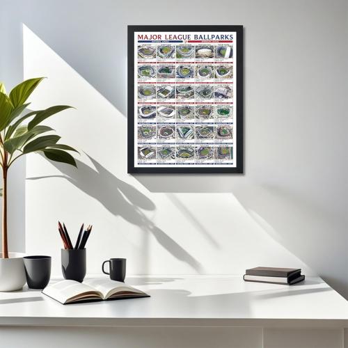 Guwinexi MLB Baseball Stadium Map Tracker - 30 Ballparks Wishlist Poster with Premium Solid Wood Frame,12X16Baseball Decor Gift for Fans, Bedroom/Office Decor