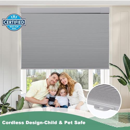 Tonature No Drill Cellular Shades for Indoor Windows, Thermal Insulating & Noise Reducing Honeycomb Blinds, Free Stop Cordless Blackout Shades, Grey, 26 1/2 W x 64 H