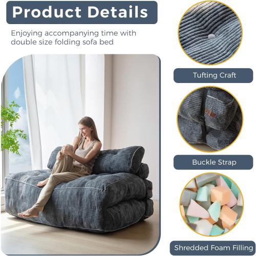 MAXYOYO Folding Sofa Bed, Convertible Chair with Pilow Foldable Couch with Back Support, Portable Fold Out Chair Bed Comfy Floor Sofa Lounge for Living Room Bedroom, Dark Grey, Double