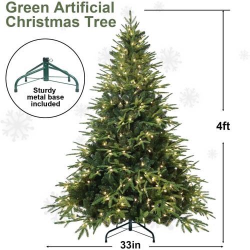 Prelit Artificial Full Christmas Tree 4FT with 907 PE PVC Tips, Premium Pre-Lit Holiday Xmas Tree with 150 UL Incandescent Lights, Metal Hinges & Foldable Base for Home Office Party, Green