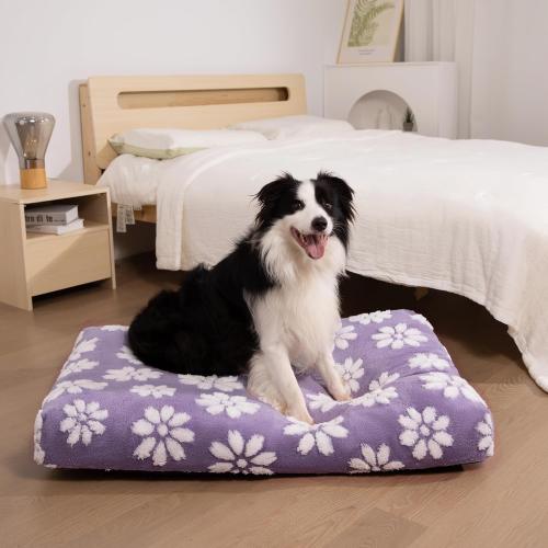 Dog Bed, Cute Thick Dog Bed for Crate Kennel, Fluffy Pet Bed with Removable Washable Cover and Anti-Slip Bottom Purple Flower