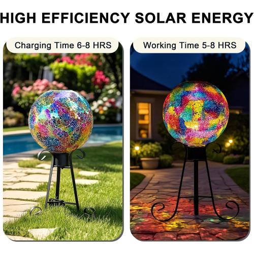 VOREEN 10 Mosaic Solar Gazing Ball, Colorful Crackle Glass Globe with Solar Light, Handmade Outdoor Garden Decor Sphere, IP45 Waterproof Patio Lawn Yard Ornament, Idea