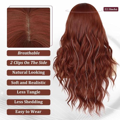 Ginger Orange Wigs with Bangs for Women Long Curly Auburn Wavy Wigs Heat Resistant Synthetic Bangs Wig for Daily Party Use (Ginger Orange, 26 Inches)