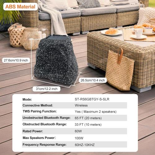 STUDIOFINIX 6.5 Outdoor Rock Speaker Waterproof Bluetooth Wireless Solar Powered with Rechargeable Battery for Patio, Deck, Pool, Garden(Single, Gray)