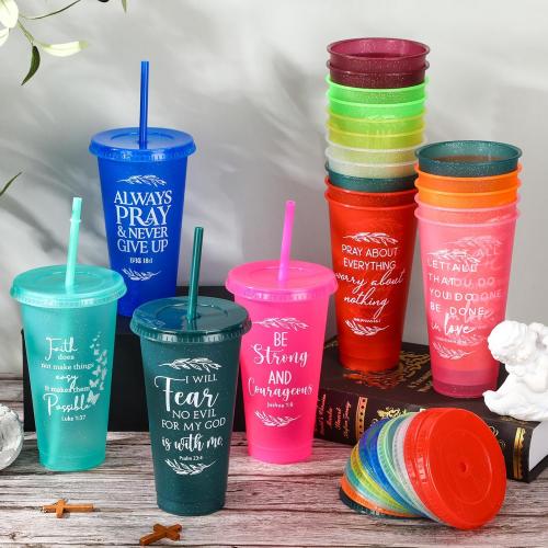 Havawish 24 Pcs Inspirational Christian Gift Bible Verse Tumbler Bulk 24 oz Drinking Tumblers with Lid Straw Religious Plastic Cup for Christmas Appreciation Day Women Men Sunday School (Colour)