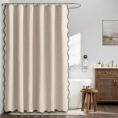 MIULEE Beige 84 Long Scalloped Shower Curtain Linen Textured with 12 Metal Hooks Cute Extra Long Heavy Duty Washable Waterproof Cloth Shower Curtains with Black Border for Bathroom Hotel Bathtub