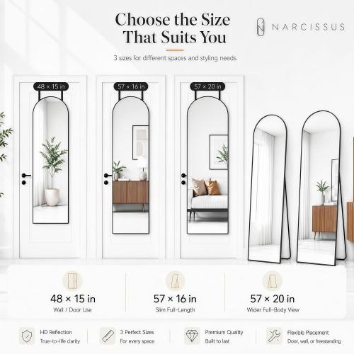 NARCISSUS Over the Door Full Length Mirror 47x14 Inch, Wall Mounted Dressing Mirror, Door Hanging Full Body Mirror HD Reflection Glass for Bedroom, Aluminum Alloy Frame Black