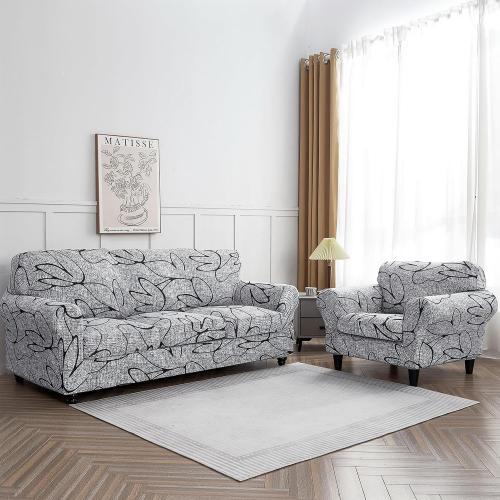 SearchI Stretch Sofa Cover Printed Couch Cover, Floral Pattern 4 Pieces Sofa Slipcover with 3 Separate Cushion Cover, Washable Furniture Protector for Living Room(Sofa, Grey Lotus White)