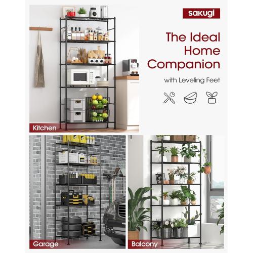 Sakugi Storage Shelves Organizer - 5 Tier Metal Shelf Organizer with Metal Wheels and Adjustable Leveling Feet, Heavy Duty Garage Shelving for Kitchen, Pantry and Closet, 33.1x12.6x73.5, Black