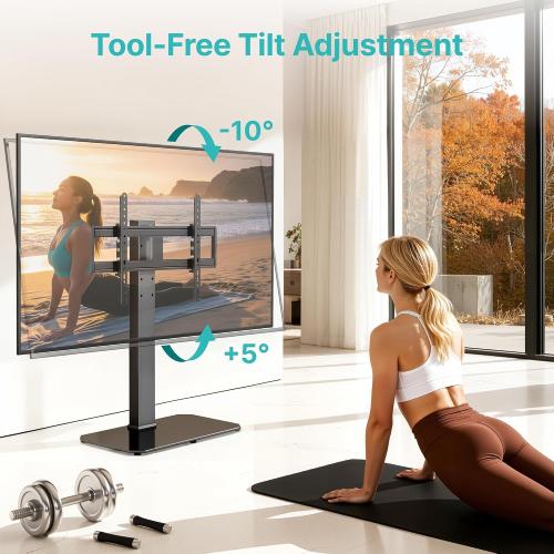 Pegzone Universal TV Stand with Power Outlet for 43-90'' TVs, Holds 154 lbs | Full-coverage Steel Column, for VESA 100x100mm to 600x400mm, Flexible Height & Angle, Tempered Glass Base, Cable Management