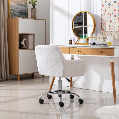 KCC Faux Fur Vanity Makeup Desk Chair, Comfy Fluffy Swivel Modern Leisure Armchair with Wheels, Upholstered Fuzzy Height Adjustable for Teens Women Girls Elegant Home Office
