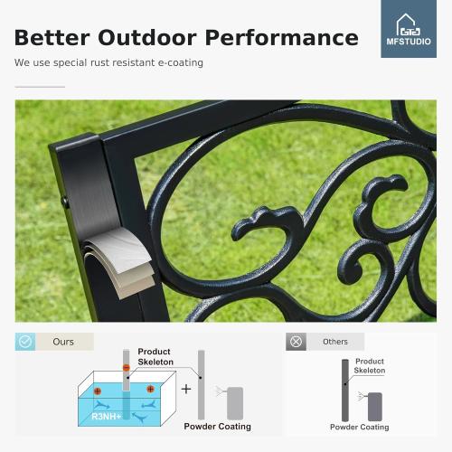 MFSTUDIO 50 Inches Outdoor Garden Bench, Cast Iron Metal Frame Patio Park Bench with Floral Pattern Backrest, Arch Legs for Porch Lawn Garden Yard(Black)