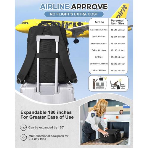 VECAVE Carry On Backpack for Women,Large Travel Backpack Flight Approved,Waterproof 15.6 Inch Laptop Backpack Business Work Backpacks Men Mochila De Viaje Black