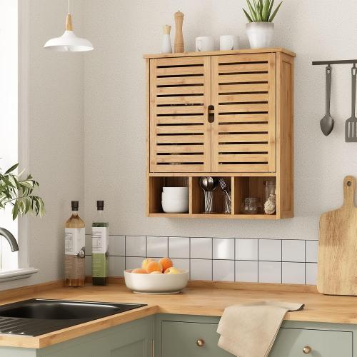 Bathroom Wall Storage Cabinet, Bamboo Medicine Cabinet with Doors and Adjustable Shelves, Bathroom Medicine Cabinet Wall Mount, Wall Mounted Over-the-Toilet Storage Cabinet