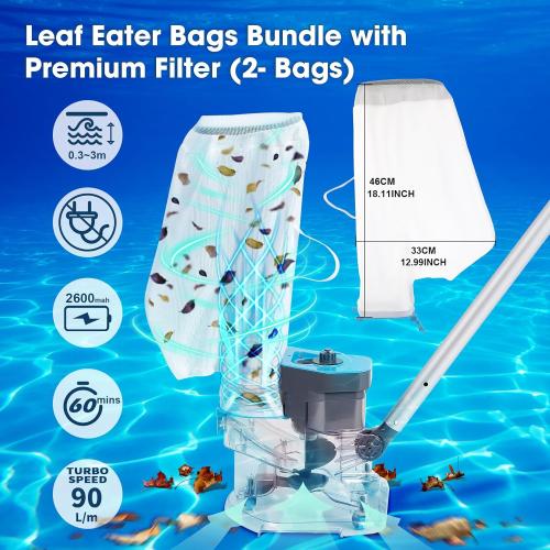 Pool Vacuum with Dual Filter Bags Bundle, PoolCent Heavy-Duty Cordless Leaf Eater with 50 Microns Premium Mesh Bag