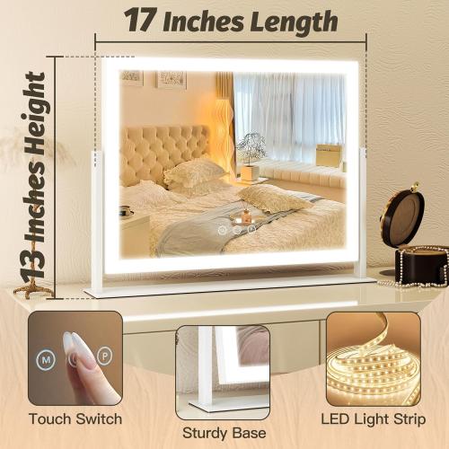 Size 13x17 Color White FENNIO Vanity Mirror with Lights 13'' x 17'' Makeup Mirror with Lights,Vanity Mirror Touch Screen with 3-Color Lighting,Dimmable,for Vanity Desk Bedroom White