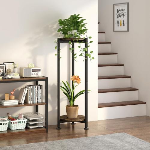 Plant Stand Indoor Corner Tall 2 Tier Metal Modern Flower Storage Plant Shelf Holder for Living Room Balcony Garden,Black (2 Tier-Black Round)