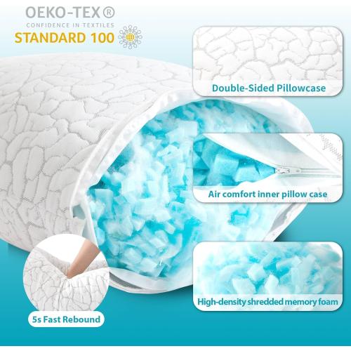 Cooling Pillows for Sleeping 2 Pack, Adjustable Shredded Memory Foam Pillows Queen Size Set of 2, Firm Bed Pillows for Side Back Stomach Hot Sleepers, Cold Pillow with Removable Washable Cover